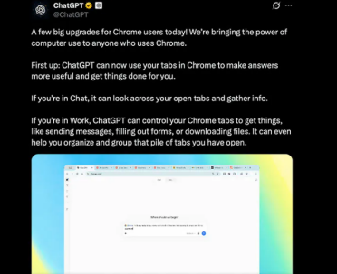 OpenAI发布ChatGPT扩展程序重大升级，支持跨标签页上下文读取与自动化操作