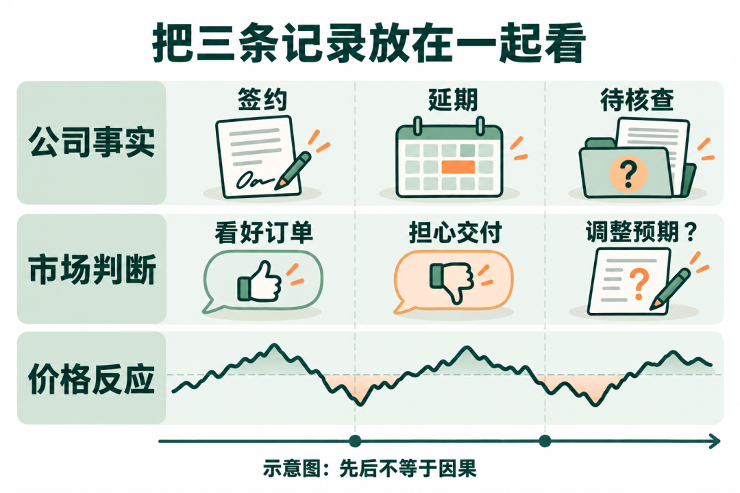公司事实、市场判断和价格反应沿同一时间轴并排记录;价格线为示意,先后不等于因果